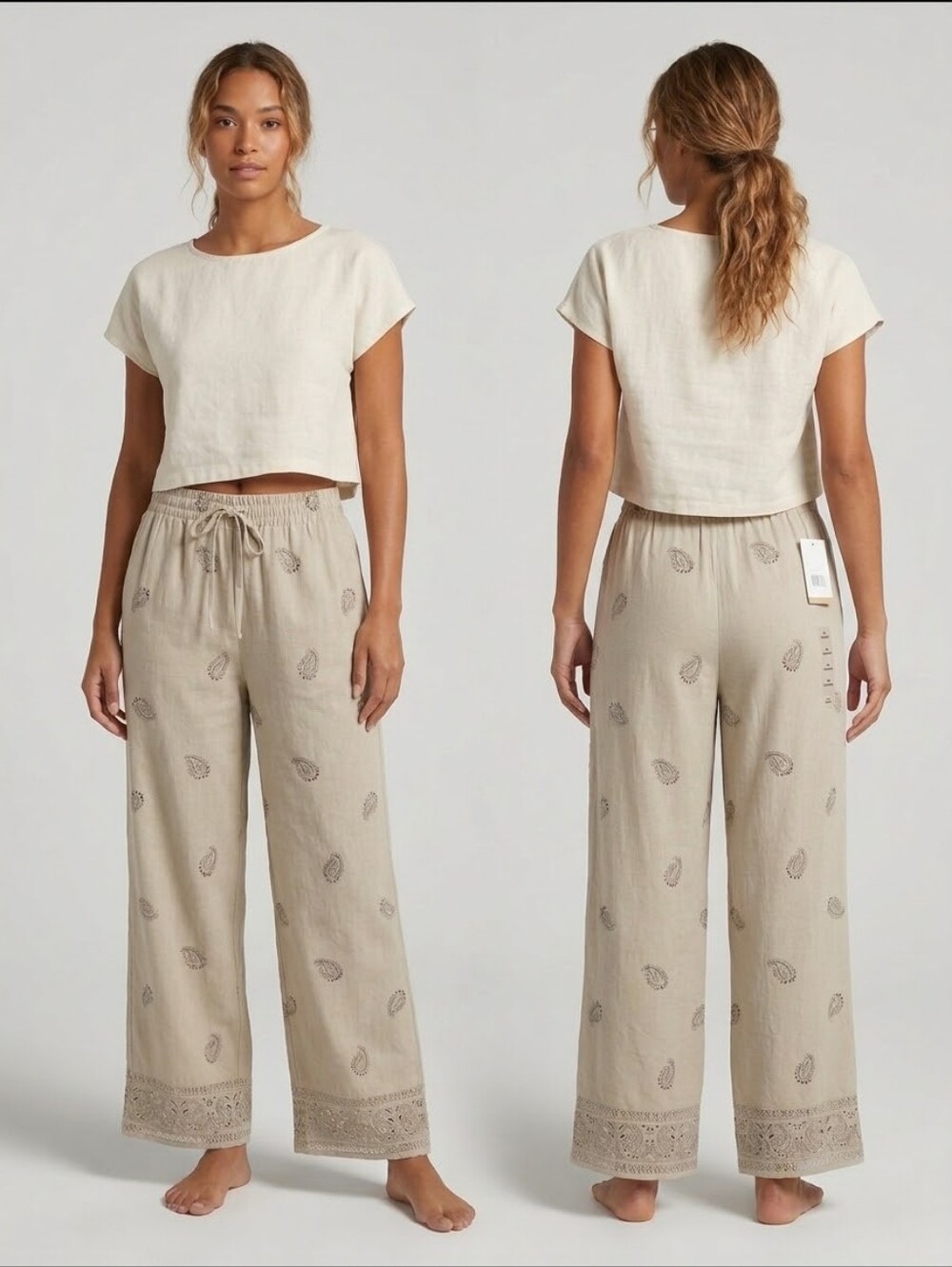 Women’s Polyester-Blend Wide-Leg Pants in Beige with Floral Hem